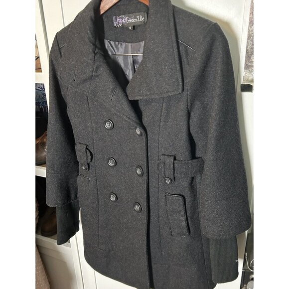Women's Small Freedom 2 Be Mid-Length Solid Charcoal Gray Pocket Pea Coat - Picture 2 of 8
